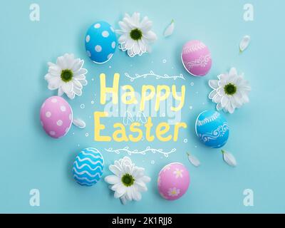 Happy Easter. Holiday banner. Spring festive ornament. Yellow greeting words in round frame of pastel pink blue color painted egg white daisy flower c Stock Photo