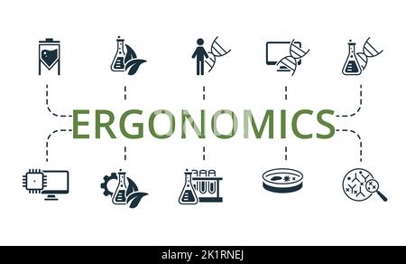 Ergonomics set icon. Editable icons ergonomics theme such as human genome, biochemistry, laboratory and more. Stock Vector