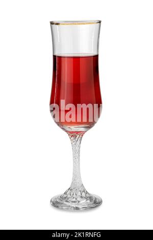 Flute or goblet trumpet glass with rose wine isolated on white, clipping path, vintage glass Stock Photo