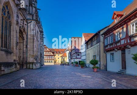 Square next to the the Heilig-Kreuz-Muenster (Holy Cross cathedral) Schwaebisch Gmuend. South German, Baden-Wuerttemberg, Germany, Europe Stock Photo