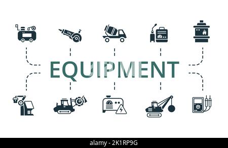 Equipment icon set. Contains editable icons machinery theme such as trencher, mixer truck, multimeter and more. Stock Vector