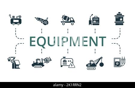 Equipment icon set. Contains editable icons machinery theme such as trencher, mixer truck, multimeter and more Stock Vector