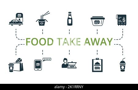 Food Take Away icon set. Contains editable icons take away theme such as burger, coffee cups, location and more Stock Vector