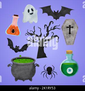 Halloween cute spooky objects collection set watercolor. Stock Photo