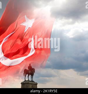 29th october republic day of Turkey or 29 ekim cumhuriyet bayrami background square format photo. Turkish Flag and monument of Ataturk. Stock Photo