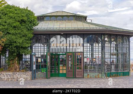 Budapest, Hungary - July 31, 2022: Budavari Siklo Funicular Railway Station at Buda Castle Hill Top. Stock Photo