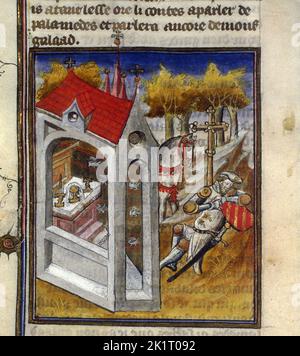 Lancelot at the Chapel of the Holy Grail. From Tristan de Léonois. Museum: BIBLIOTHEQUE NATIONALE DE FRANCE. Author: ANONYMOUS. Stock Photo