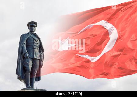 Ataturk monument and Turkish Flag. 29th october republic day of Turkey background photo. Stock Photo