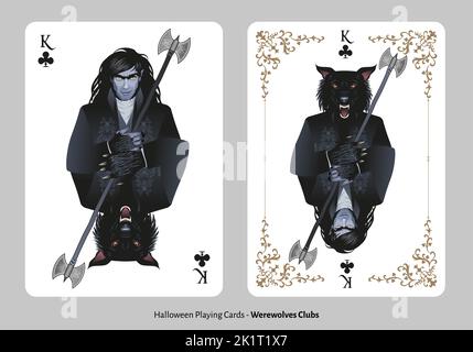 Halloween playing cards. King of Clubs. Werewolves. Werewolf dressed in ancient clothes, holding an ax on white background Stock Vector