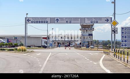 Nis, Serbia - August 04, 2022: Entrance Gate to Constantine the Great Airport and Cargo Customs Terminal. Stock Photo