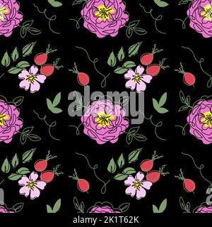 Dog rose, rosehip, briar, rosa canina, wild rose vector seamless pattern on black background. One continuous line art drawing of flowers and berries Stock Vector