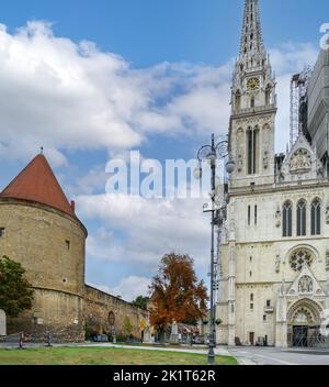 Zagreb Cathedral and wall containing the Cathedral Clock, old town,  Zagreb, Croatia Stock Photo