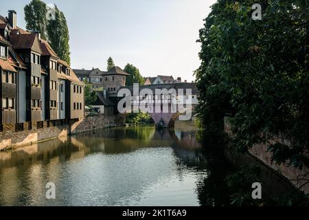 View of the outside from the Henkerbridge over the river Pegnitz in the German city Nuremberg. Stock Photo