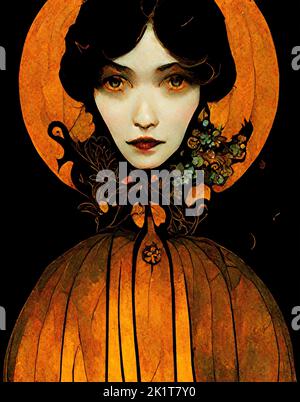 Illustration pale female face, black and orange art nouveau Halloween setting Stock Photo