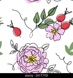Rosehip, dog rose, briar, rosa canina, wild rose vector seamless pattern. One continuous line art drawing of flowers and berries, rosehip pattern Stock Vector