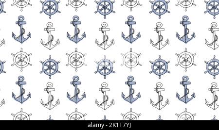 Marine vector pattern with anchor and steering wheel. One continuous line art drawing of sea signs. Anchor and wheel pattern Stock Vector