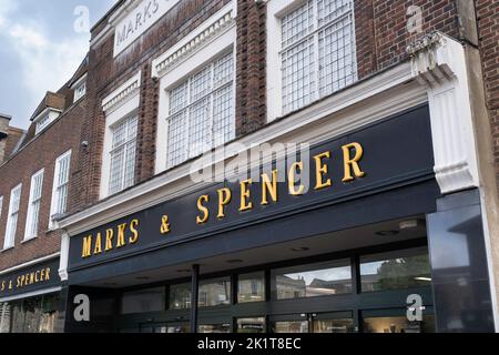 Facade of the British multinational retailer 'Marks and Spencer' department store in Bury Saint Edmunds, Suffolk, England Stock Photo