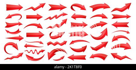 Red arrow icon set. Collection different arrows sign. Design elements vector illustration isolated on white background Stock Vector