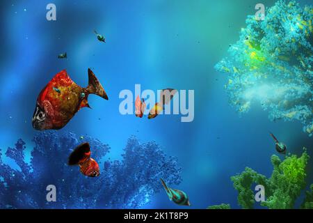 Underwater world with swimming fish and coral reef Stock Photo