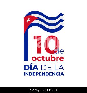 October 10, cuba independence day. Vector template with cuban wavy flag in simple concise style, icon. National holiday of Cuba. Greeting card Stock Vector