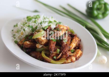 Panner Baby corn Manchurian. A crispy and crunchy Indo Chinese vegetarian dish, in a smooth gravy with stir fried capsicum and onions. Shot on white b Stock Photo