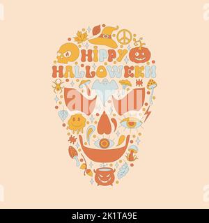 Pattern with retro 70s style Halloween elements.  Stock Vector