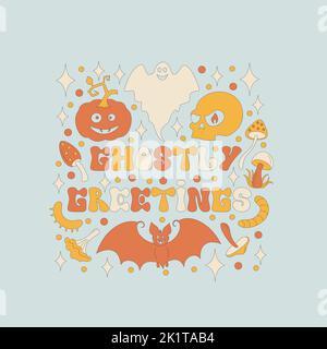 Pattern with retro 70s style Halloween elements.  Stock Vector