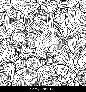 Abstract tree trunk concentric wavy rings seamless pattern. Wood cuts and cross sections hand drawn elements. Curved psychedelic background with wooden textures vector illustration Stock Vector