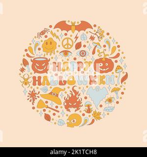 Lettering with retro 70s style Halloween elements in a circle shape. Bat, spider, leaves and a pumpkin. Happy Halloween phrase text. Autumn simple min Stock Vector