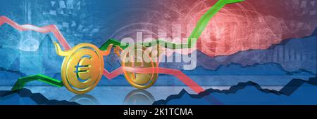 bullish eur stopped by bearish rub. foreign exchange market 3d illustration of euro to russian ruble. currency represented as golden coins Stock Photo