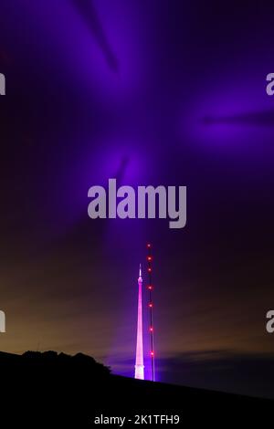 The UK's tallest free standing structure Arqiva Tower, was lit up in Purple t opay tribute to Her Majesty the Queen Elizabeth. Stock Photo