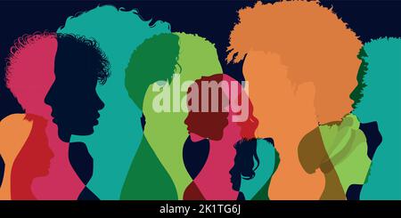 Poster silhouette side group of men and women of diverse cultures. Diversity multicultural people. Concept of racial equality and anti-racism. Friends Stock Vector