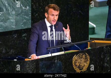 New York, USA. 20th Sep, 2022. French president Emmanuel Macron addresses the General Debate of the 77th United Nations General Assembly. Credit: Enrique Shore/Alamy Live News Stock Photo