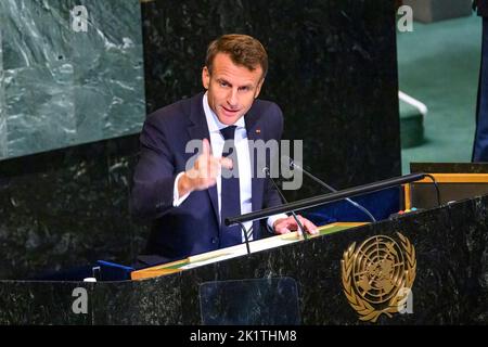 New York, USA. 20th Sep, 2022. French president Emmanuel Macron addresses the General Debate of the 77th United Nations General Assembly. Credit: Enrique Shore/Alamy Live News Stock Photo