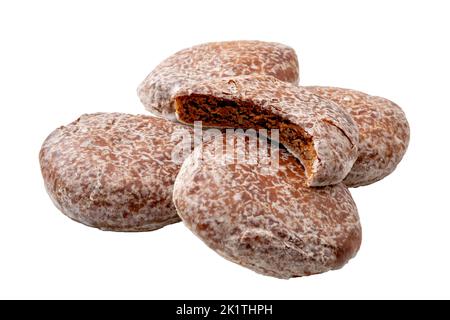 Traditional soft gingerbread cookies isolated on white background with clipping path cut out concept for classic christmas dessert, fine holiday sweet Stock Photo