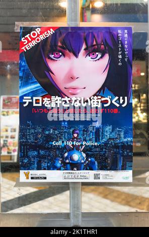 tokyo, japan - may 13 2022: Tokyo Metropolitan Police Department poster against terrorism illustrated with the heroine Motoko Kusanagi from Japanese c Stock Photo