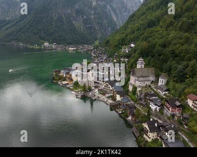 Hallstatt municipality in the Austrian state of Upper Austria , located in the district of Gmunden. Touristic recreational sight destination. Ancient Stock Photo