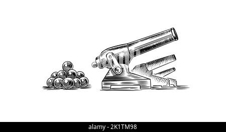 Antique cannon in vintage style. Large-caliber gun or artillery with explosive chemical propellant. Engraved hand drawn sketch for tattoo or print on Stock Vector