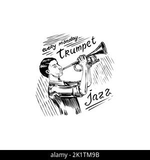 Man playing the trumpet. Jazz performer. The musician plays the instrument. Engraved hand drawn, vintage sketch for tattoo or print on t-shirt. Stock Vector