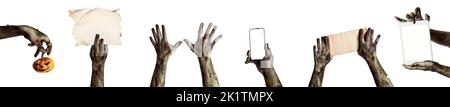Many hands of scary zombies holding different objects on white background Stock Photo