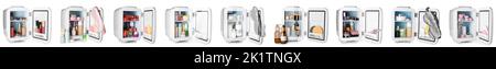 Collage of small refrigerators with cosmetic products on white background Stock Photo