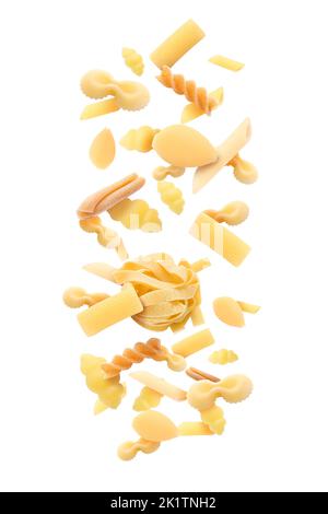 Different types of raw pasta isolated on white Stock Photo