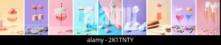 Collage of tasty cotton candy cocktails on color background Stock Photo