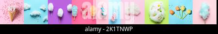 Collage of sweet cotton candy with sprinkles on color background, top view Stock Photo