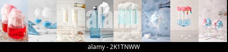 Collage of tasty cotton candy cocktails on light background Stock Photo