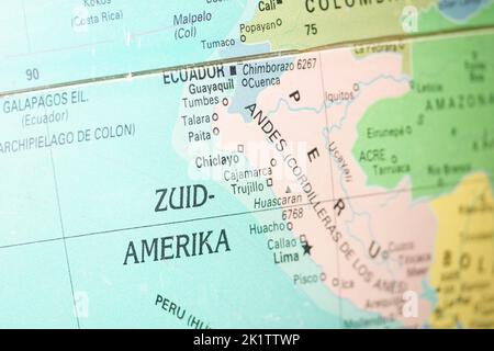 Southern America on the globe or map in Dutch language. In Netherlands it is Zuid Amerika. Continent on the southern hemisphere. Stock Photo