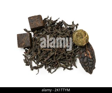 Dry pressed puer tea on white background Stock Photo