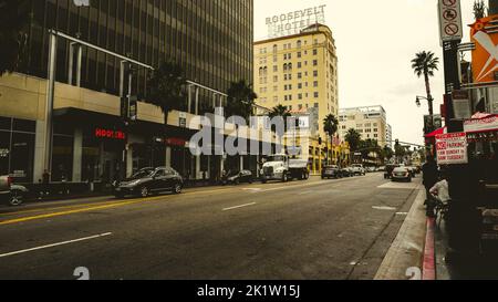 A view of an empty street and Roosevelt Hotel at Hollywood Boulevard, California, US Stock Photo