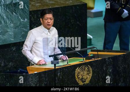 New York, USA. 20th Sep, 2022. Ferdinand Romualdez Marcos, President of the Republic of the Philippines, addresses the General Debate of the 77th United Nations General Assembly. Credit: Enrique Shore/Alamy Live News Stock Photo