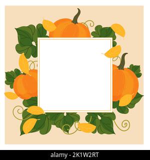 Fall square template frame background with pumpkins and autumn leaves with balnk space for text. Template banner, card in cozy autumn style. Flat cart Stock Vector
